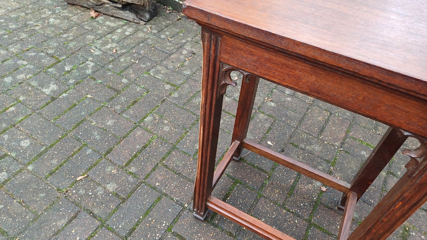 Early 20th Century Vintage Solid Oak Side Table with Gothic Detail.