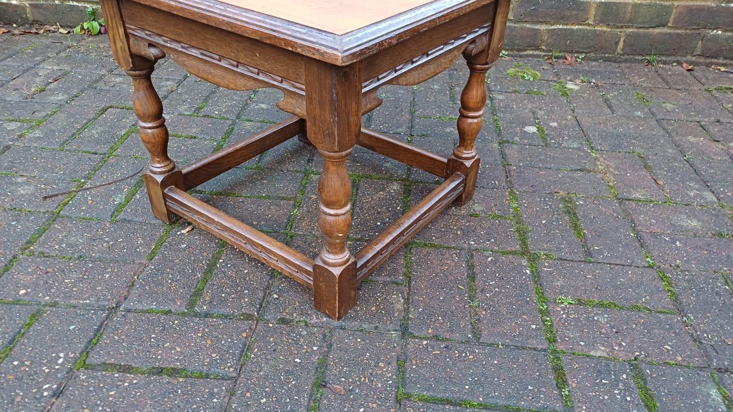 Early 1900s small oak vintage coffee table - delightful, useful, attractive, refurbed top (approx 45cm sq)