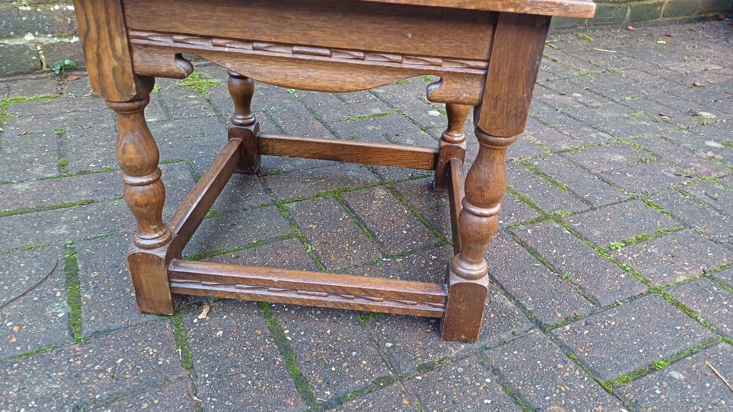 Early 1900s small oak vintage coffee table - delightful, useful, attractive, refurbed top (approx 45cm sq)