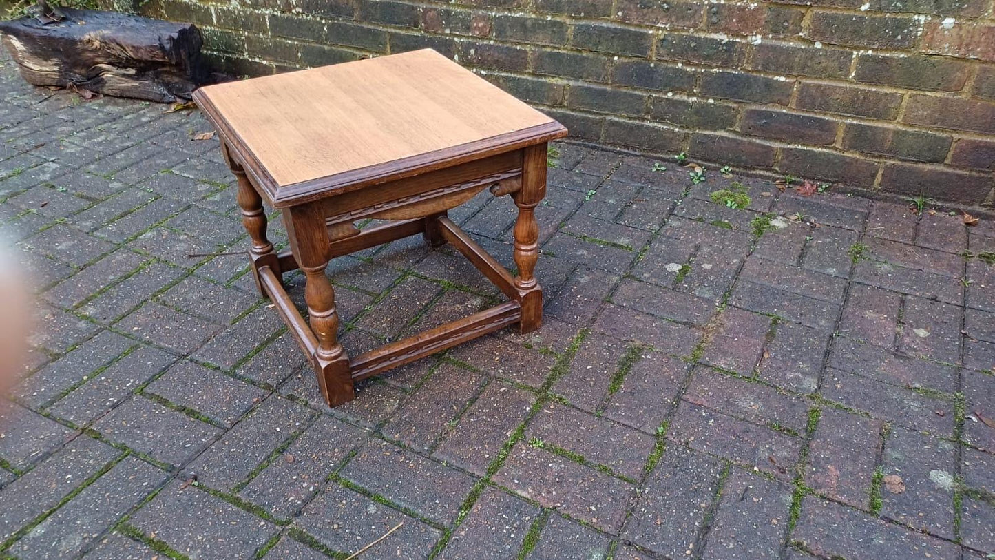 Early 1900s small oak vintage coffee table - delightful, useful, attractive, refurbed top (approx 45cm sq)