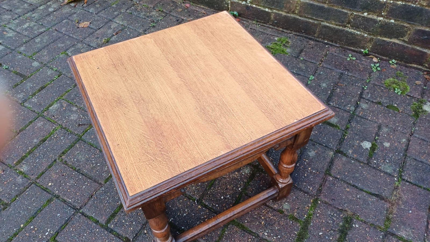 Early 1900s small oak vintage coffee table - delightful, useful, attractive, refurbed top (approx 45cm sq)