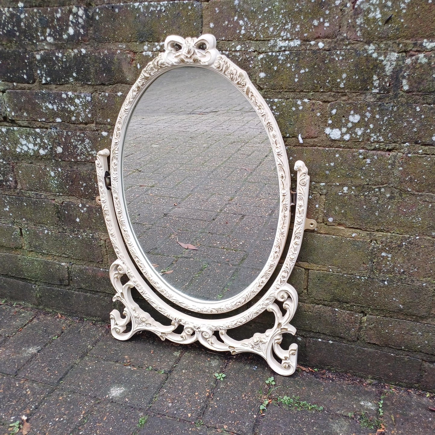 Classic Repurposed Vintage 1970s Ornate Cream and Gold Oval Wall Mirror