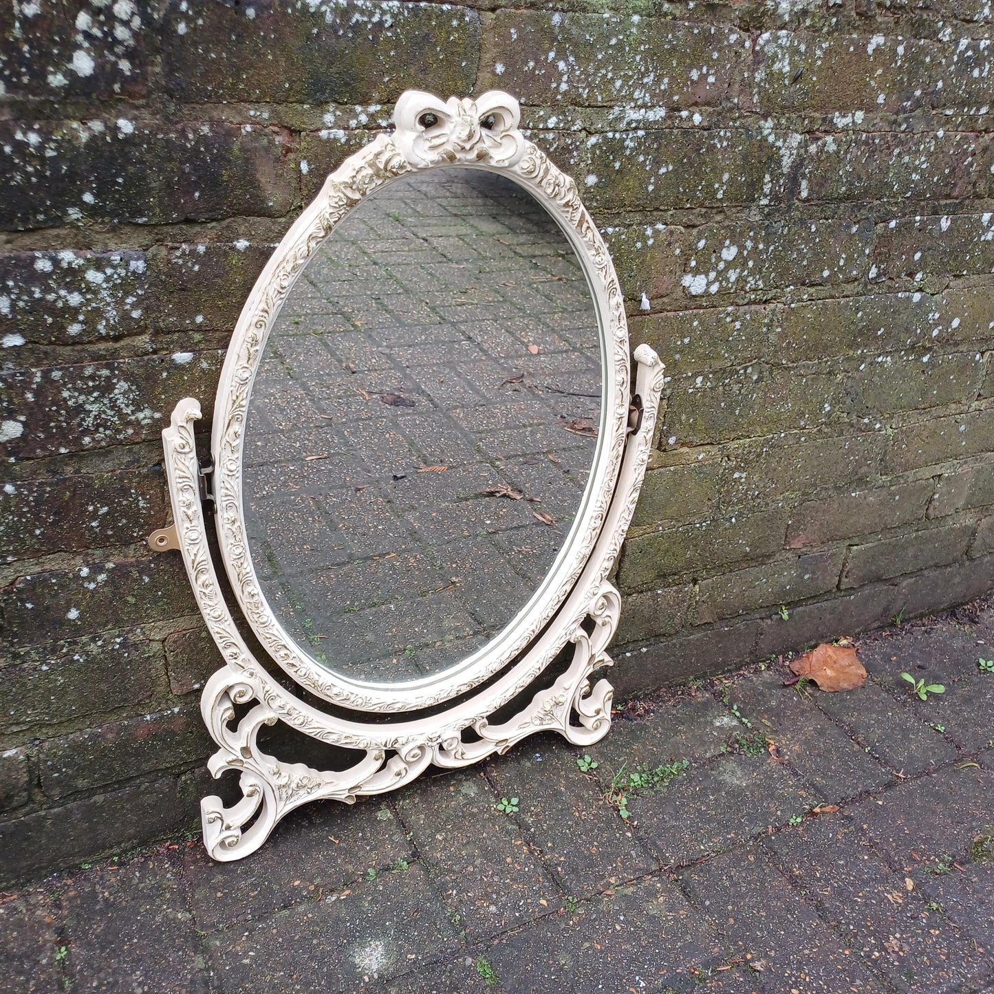 Classic Repurposed Vintage 1970s Ornate Cream and Gold Oval Wall Mirror