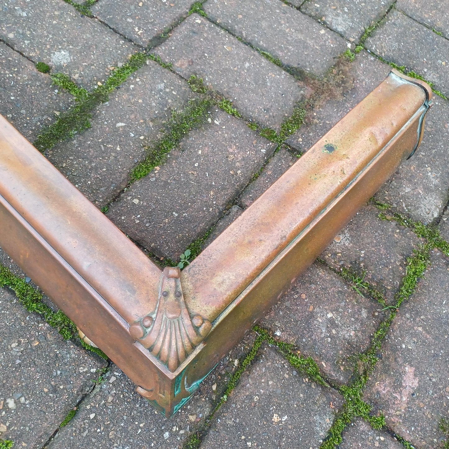 Stunning Age-Worn Brass Fireplace Fender with Original Gold Patina