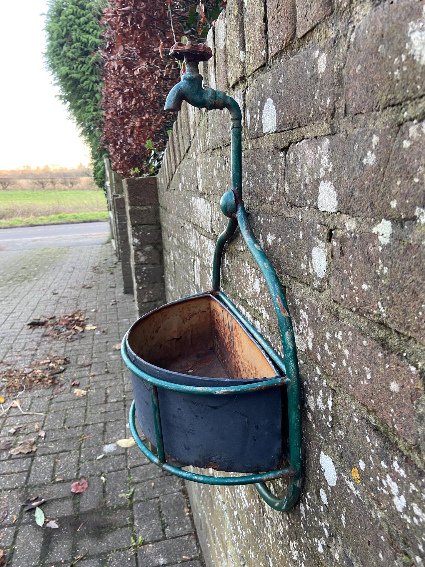 Unique Vintage Planter - Fire Hose Tap and Metal Basket - wall plant basket, outdoor planter, plant pot