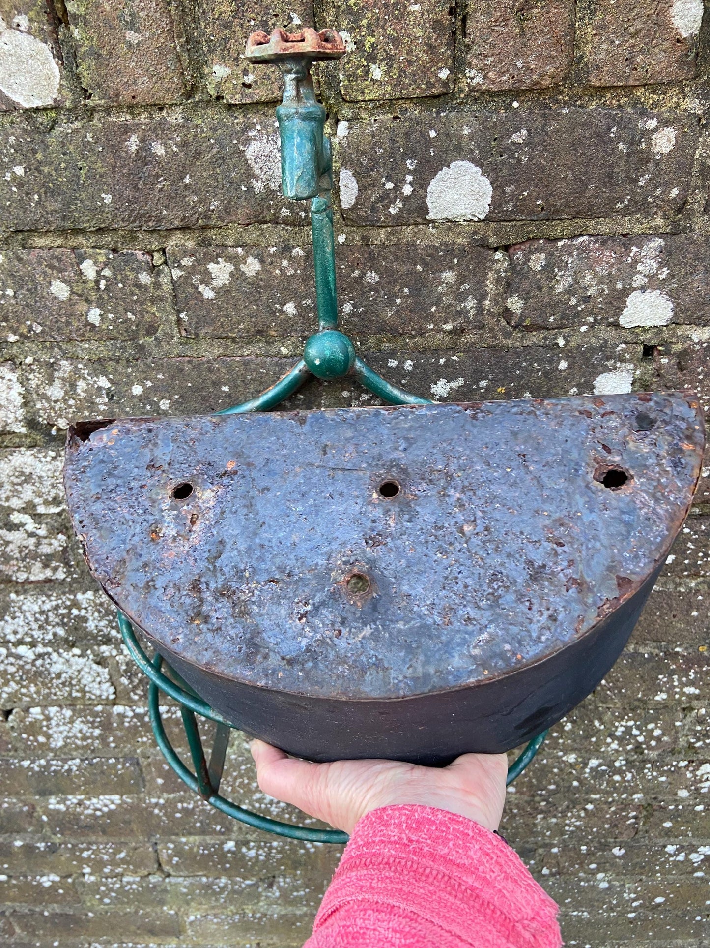Unique Vintage Planter - Fire Hose Tap and Metal Basket - wall plant basket, outdoor planter, plant pot