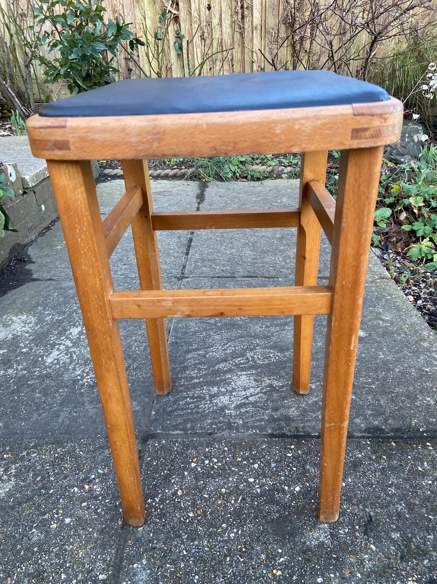 Retro black leatherette wooden stool - kitchen stool, 1970s stool