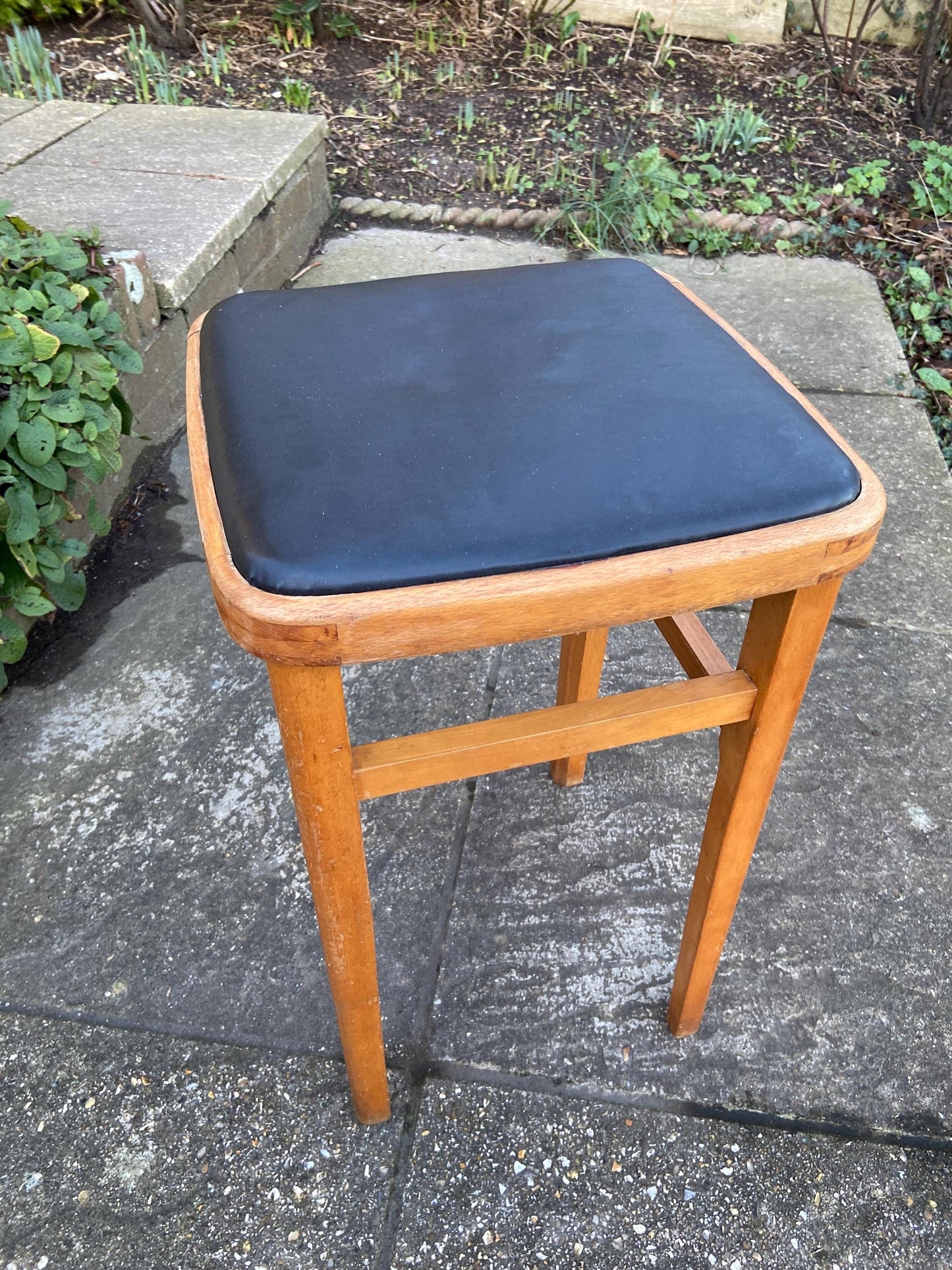 Retro black leatherette wooden stool - kitchen stool, 1970s stool