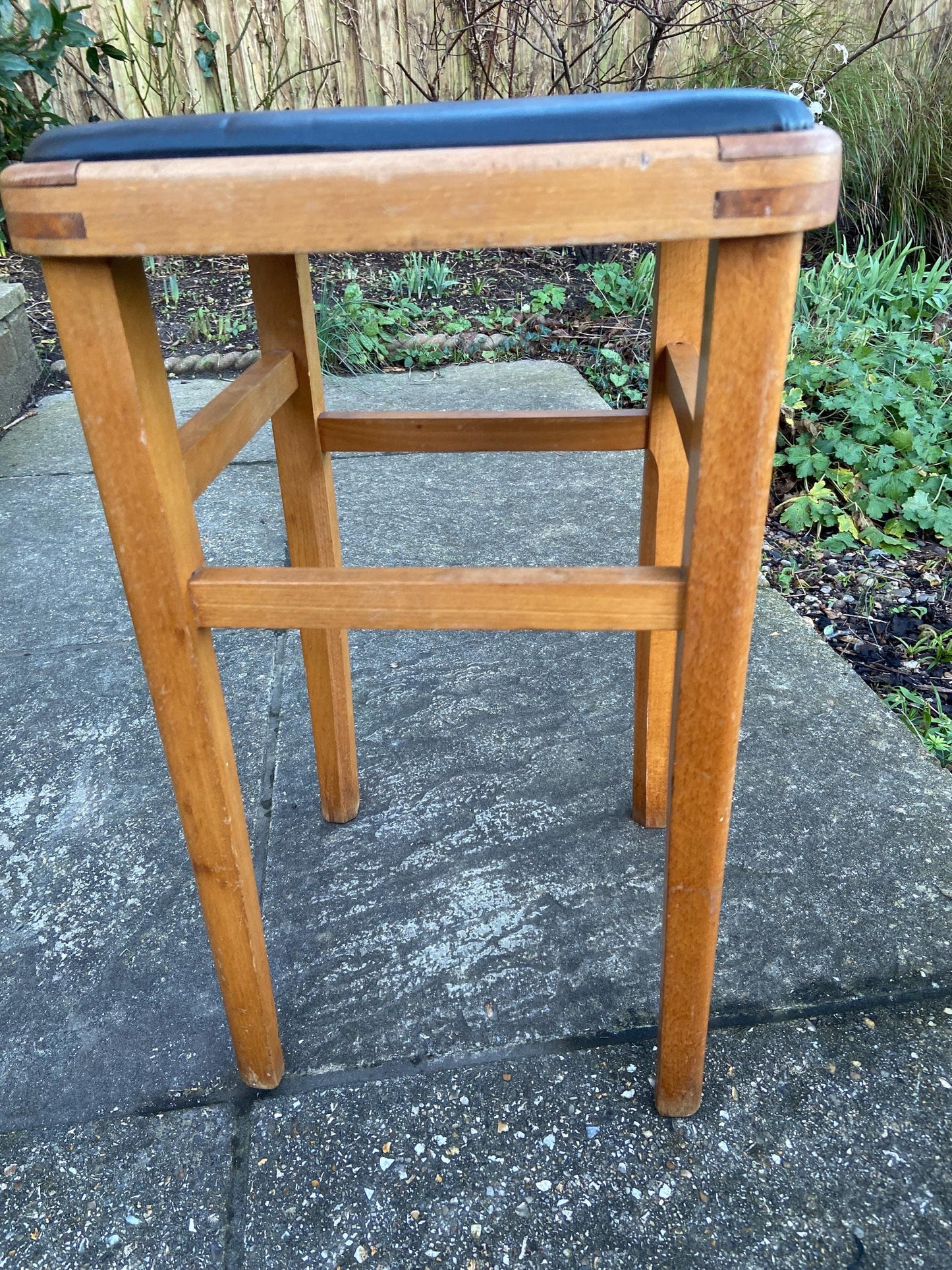 Retro black leatherette wooden stool - kitchen stool, 1970s stool