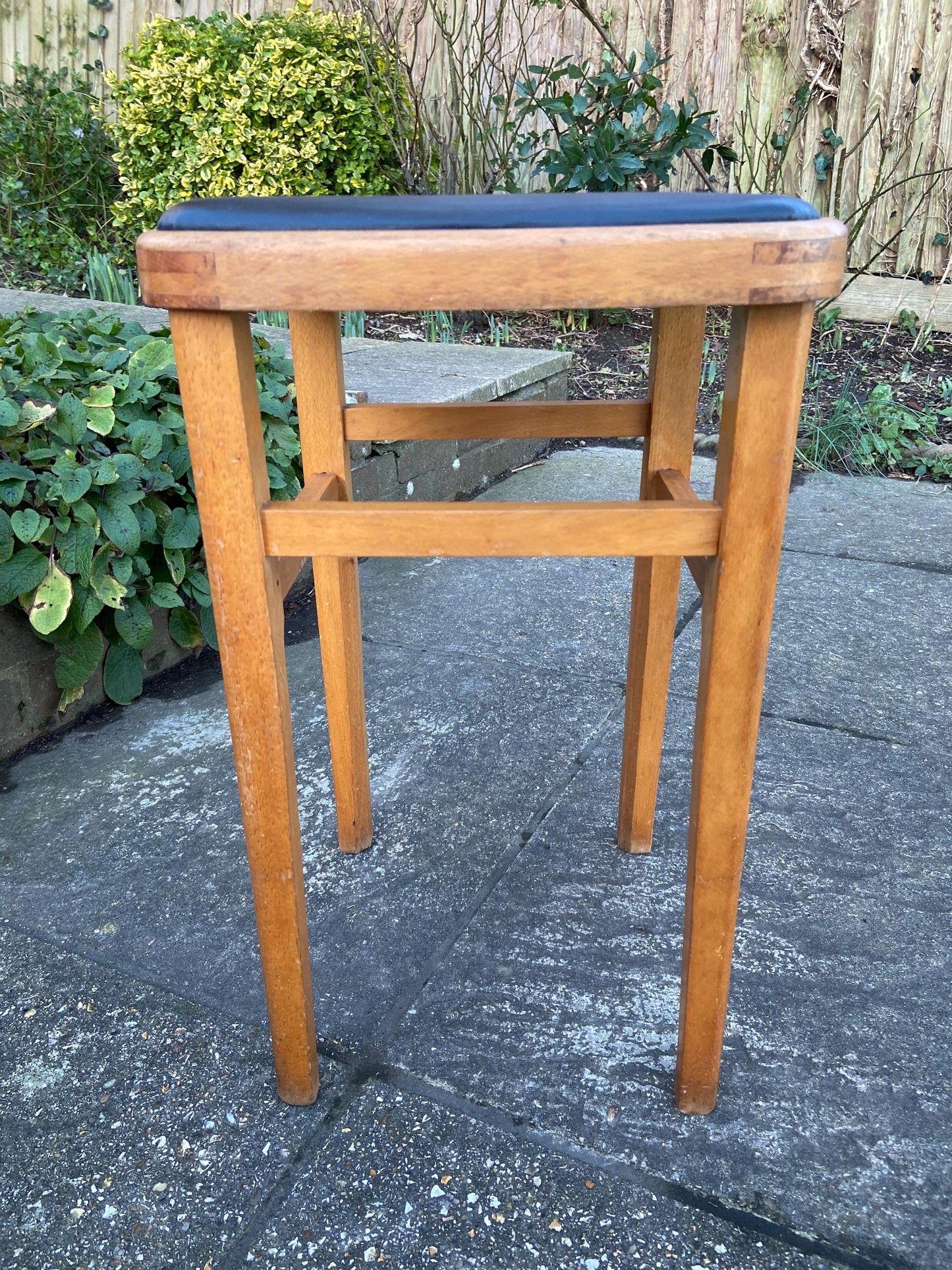 Retro black leatherette wooden stool - kitchen stool, 1970s stool
