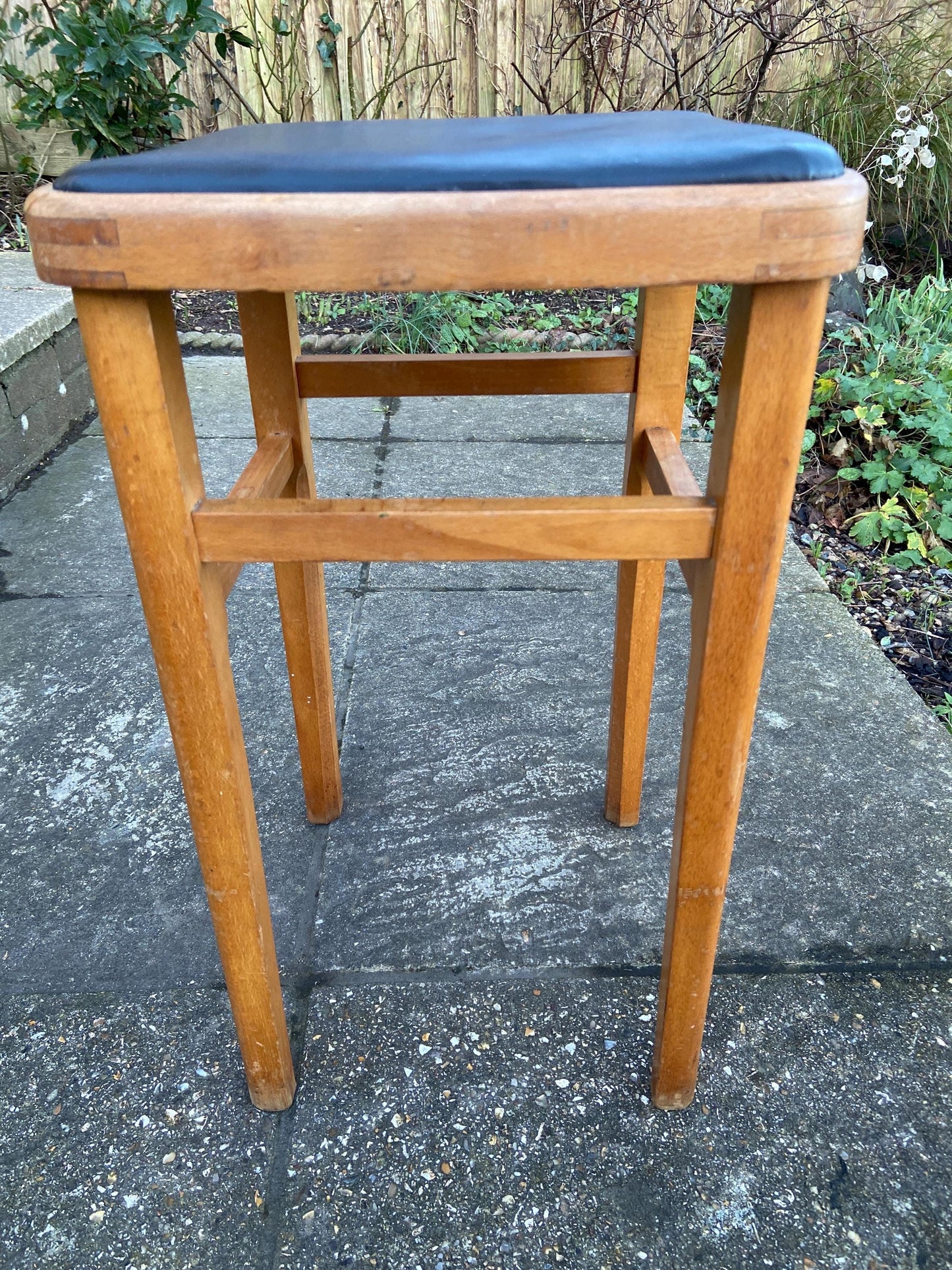 Retro black leatherette wooden stool - kitchen stool, 1970s stool