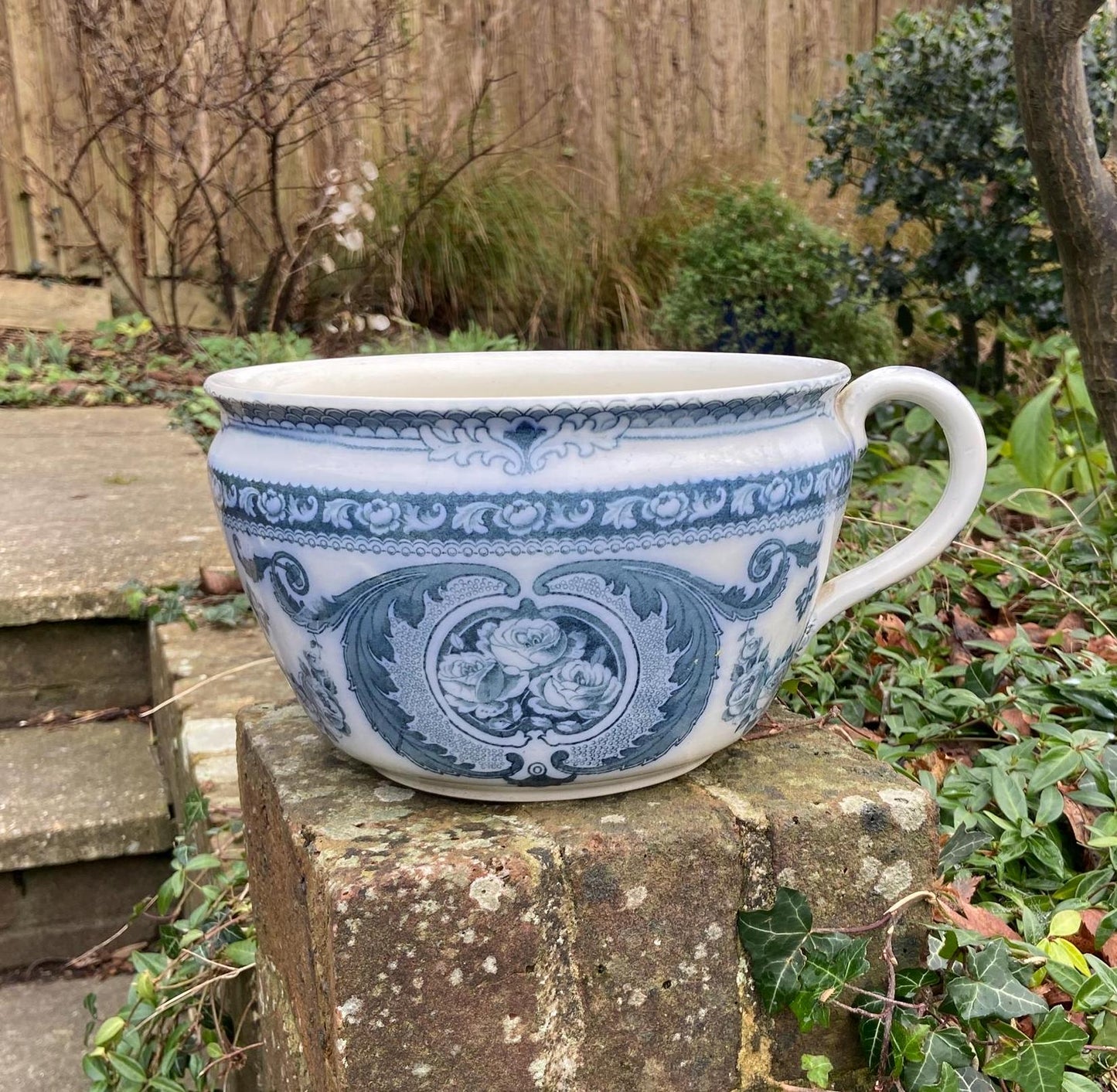 antique china pot, chamber pot to be used as a indoor planter, plant pot. blue and white china