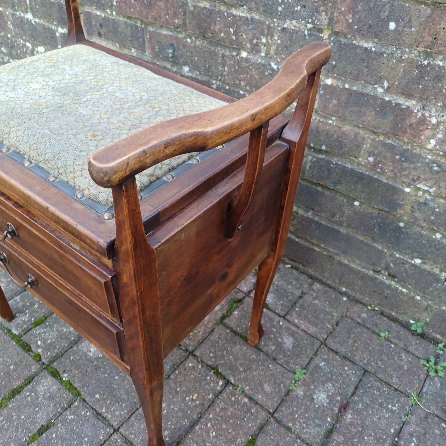 Antique Late Victorian Upholstered Mahogany Piano Stool with Drop Down Music Drawers and Ornate Brass Handles