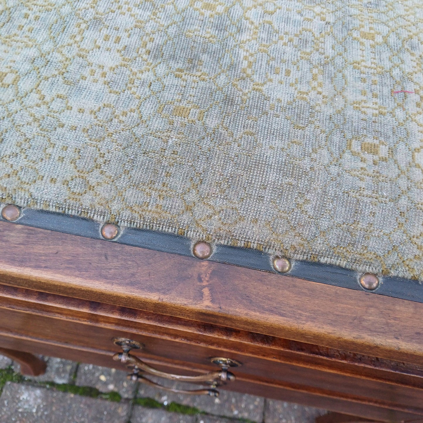 Antique Late Victorian Upholstered Mahogany Piano Stool with Drop Down Music Drawers and Ornate Brass Handles