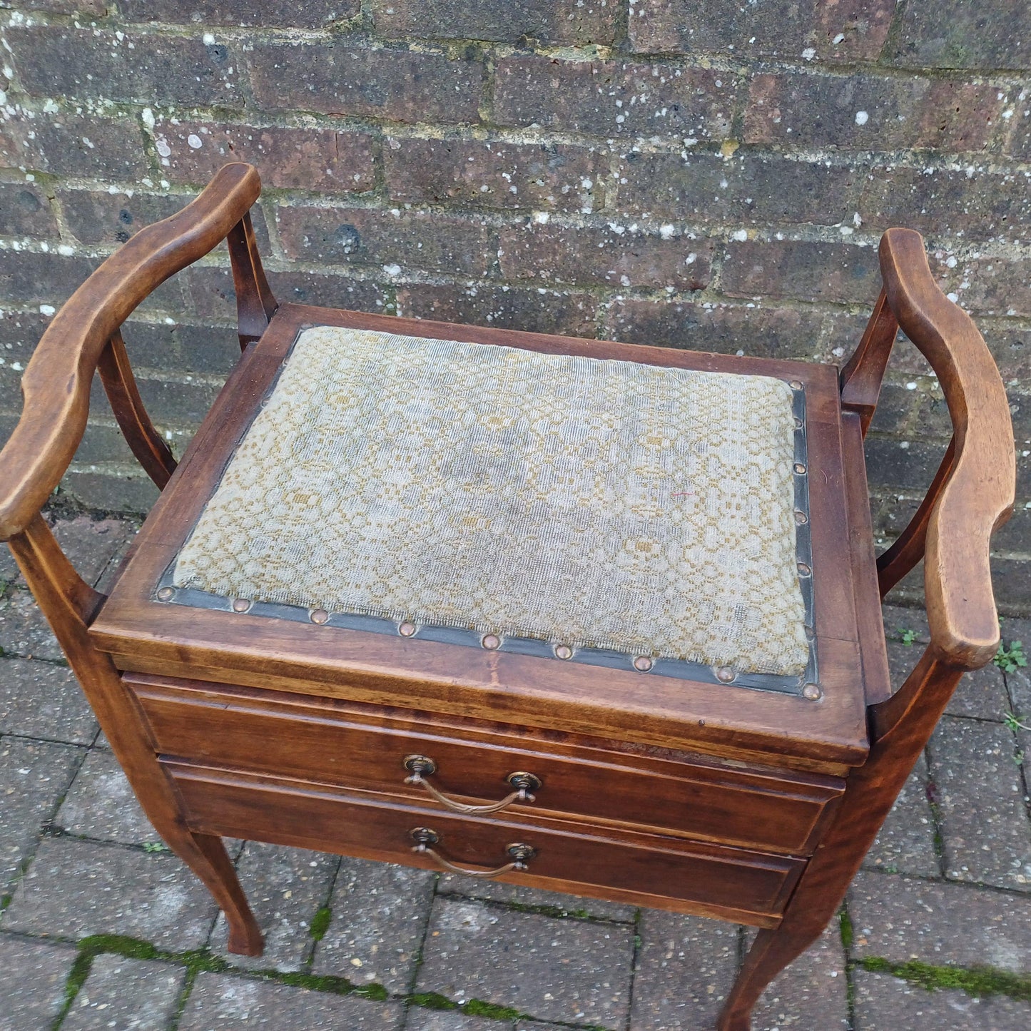 Antique Late Victorian Upholstered Mahogany Piano Stool with Drop Down Music Drawers and Ornate Brass Handles