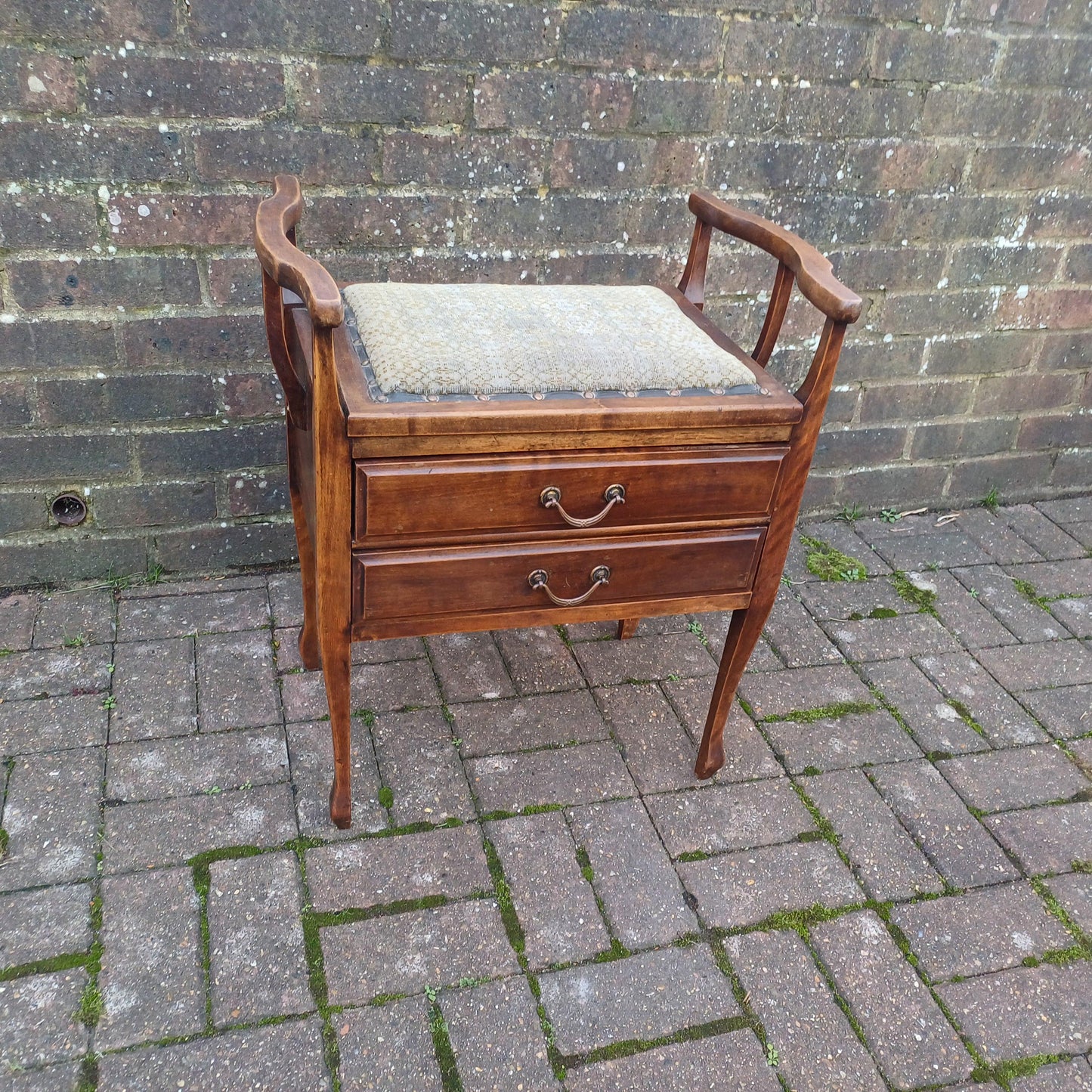 Antique Late Victorian Upholstered Mahogany Piano Stool with Drop Down Music Drawers and Ornate Brass Handles