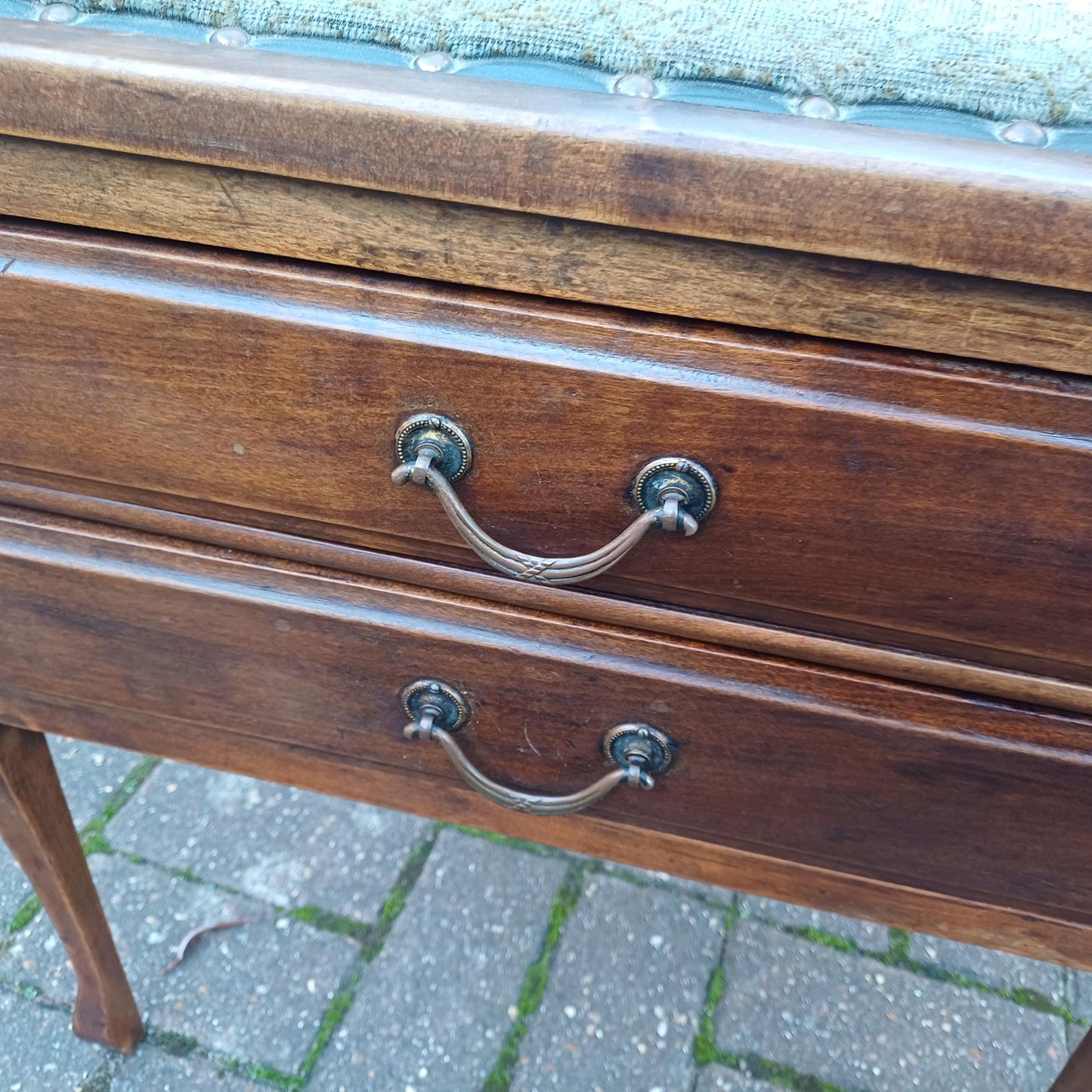 Antique Late Victorian Upholstered Mahogany Piano Stool with Drop Down Music Drawers and Ornate Brass Handles
