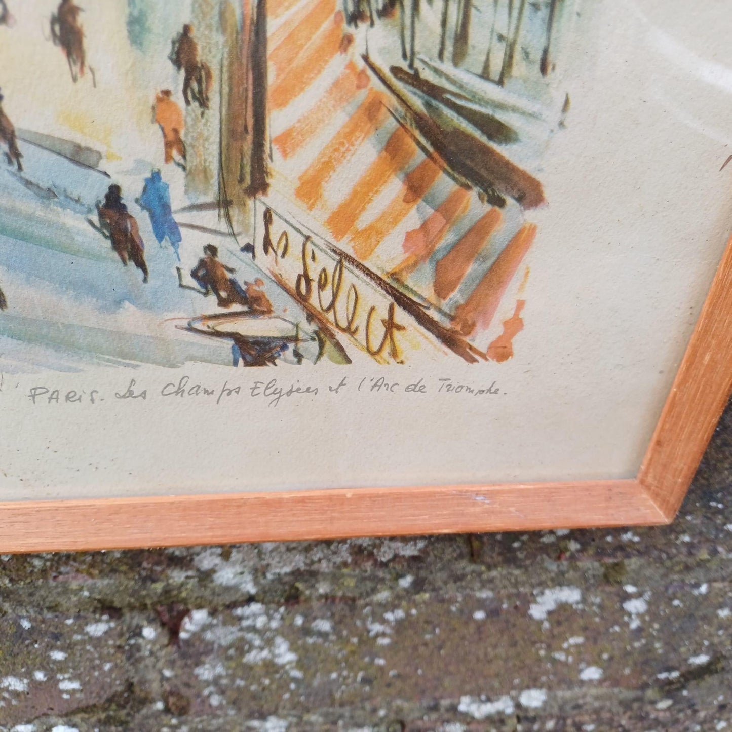 Retro Print of Marius Girard Paris Water Colour - mid century retro painting, vintage frame Les Champs Elysees Arc de Triomphe (46cm x 33cm)
