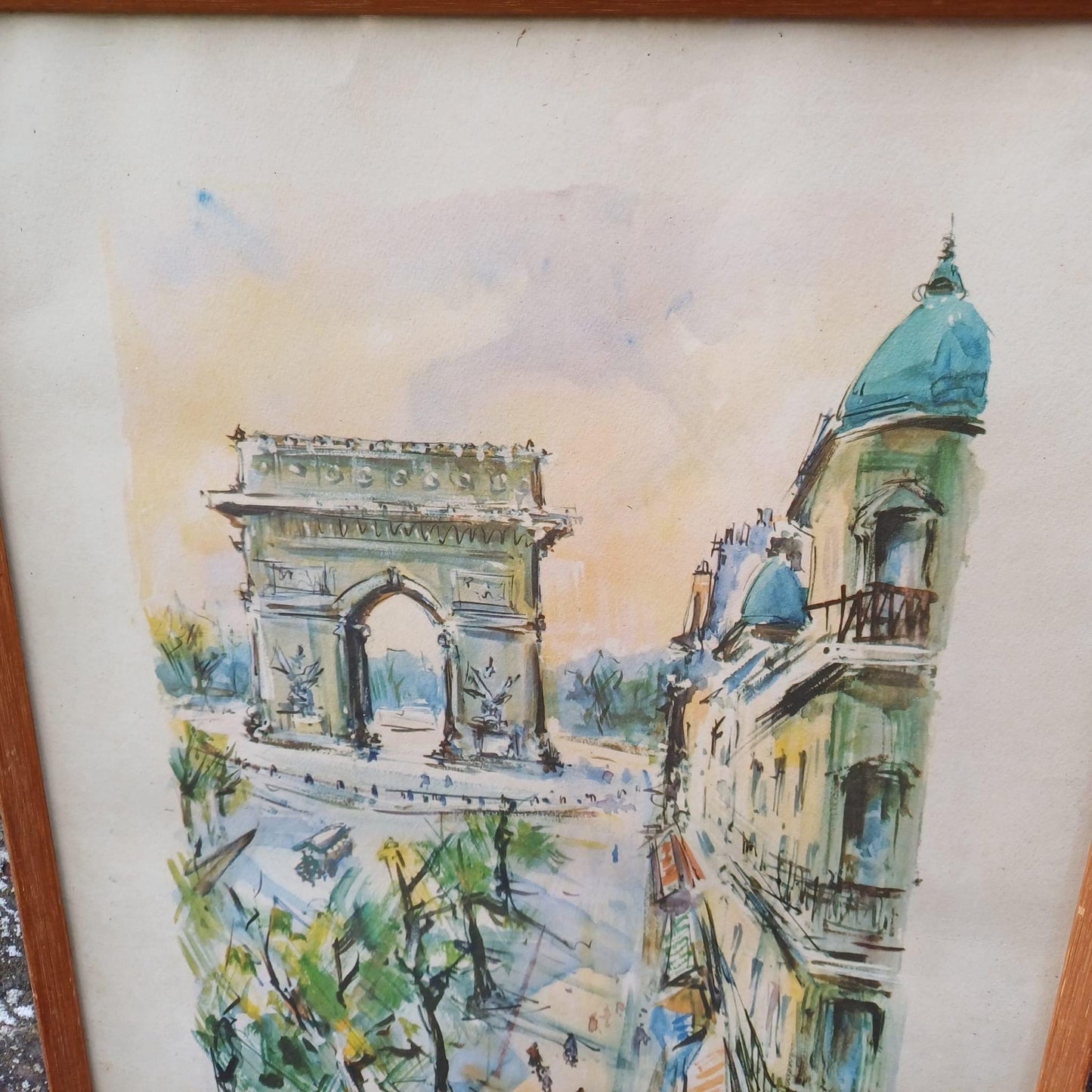 Retro Print of Marius Girard Paris Water Colour - mid century retro painting, vintage frame Les Champs Elysees Arc de Triomphe (46cm x 33cm)