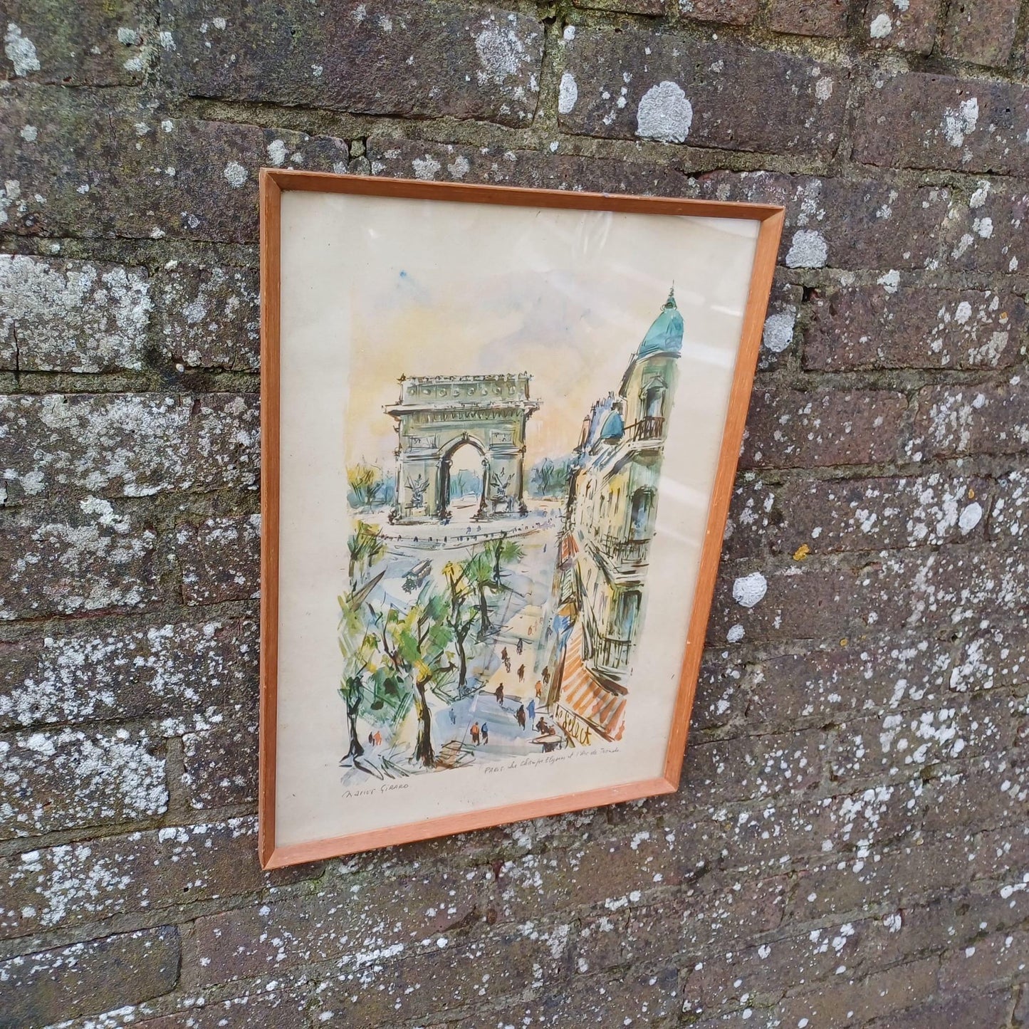 Retro Print of Marius Girard Paris Water Colour - mid century retro painting, vintage frame Les Champs Elysees Arc de Triomphe (46cm x 33cm)
