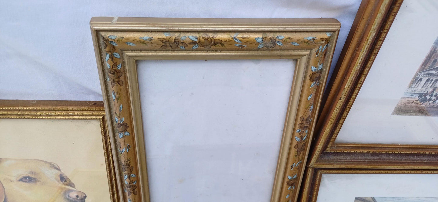 Collection of 7 Gold Vintage Pictures Prints Frames Framing Glazed with Boarded Backings Frame Photo Photograph Artist Upcycling Project.