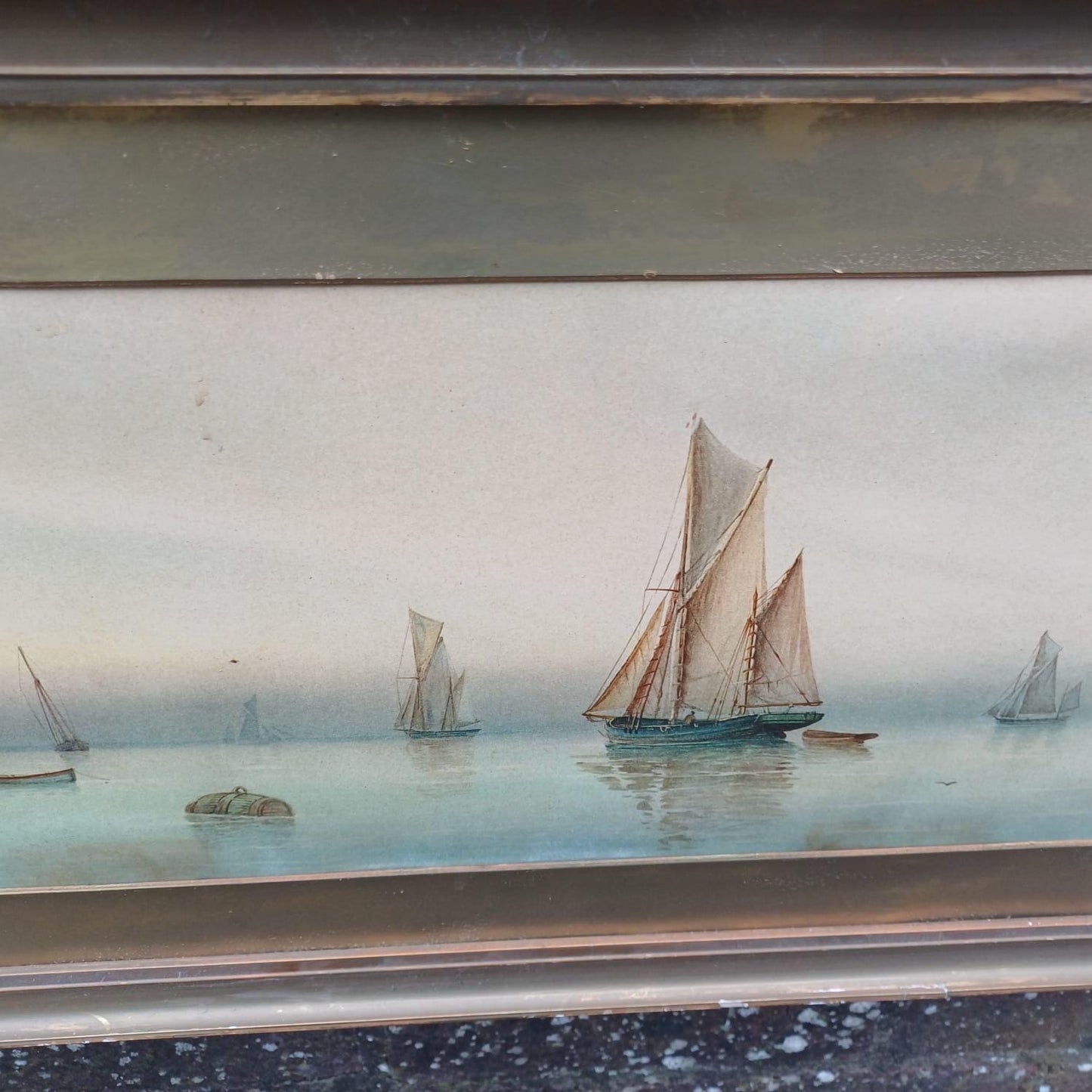 Garmin Morris Early 1900s Vintage Seascape Prints x 2 - in vintage frames and mounts - Dawn and Misty Evening