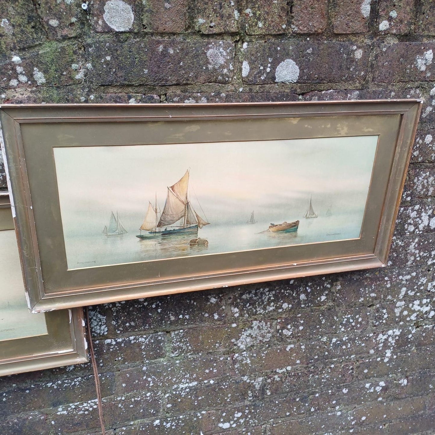 Garmin Morris Early 1900s Vintage Seascape Prints x 2 - in vintage frames and mounts - Dawn and Misty Evening