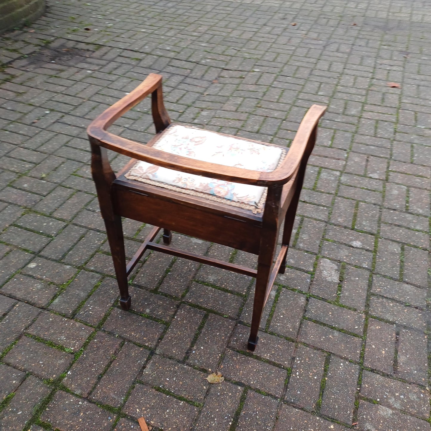Vintage Edwardian Inlaid and Upholstered Piano Stool with Inner Compartment.