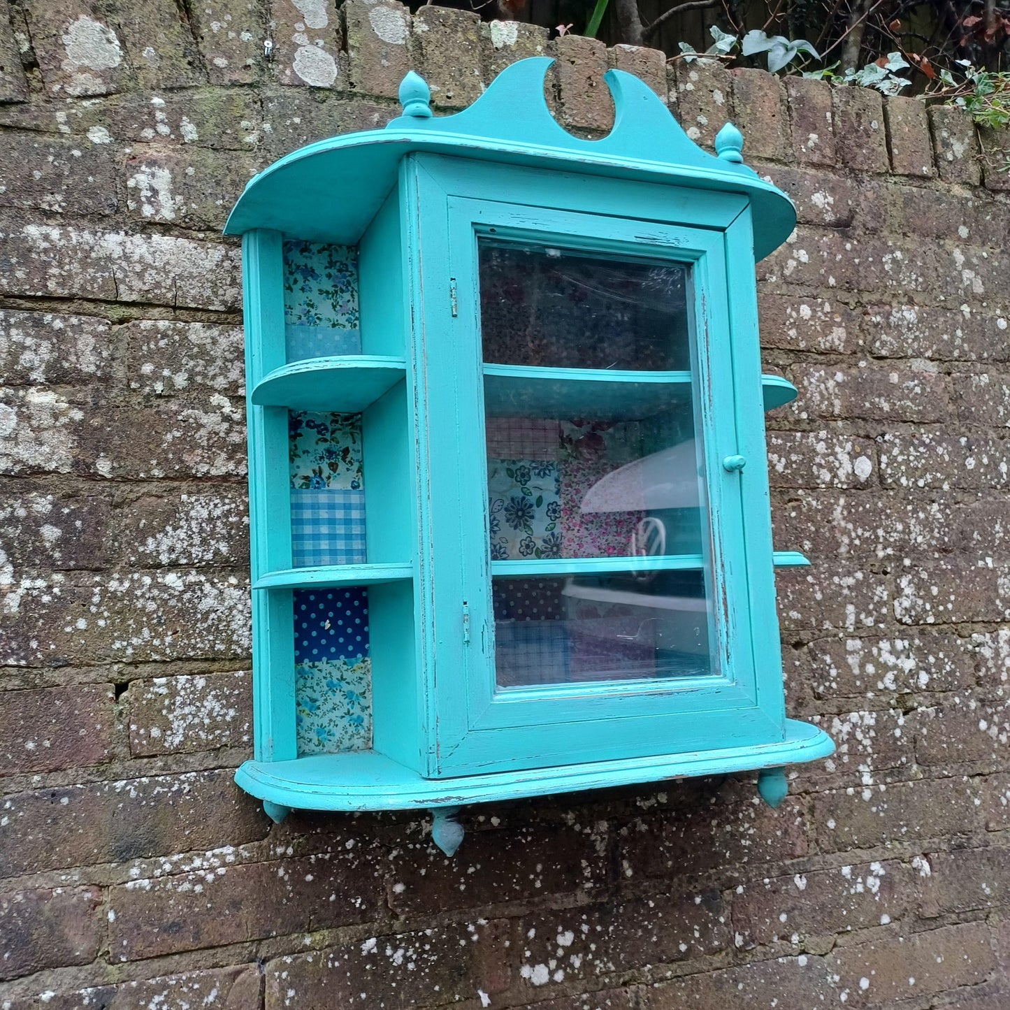Bespoke Upcycled Glazed Display Cupboard in Turquoise with Decoupage Decoration Shabby Chic Chintz.