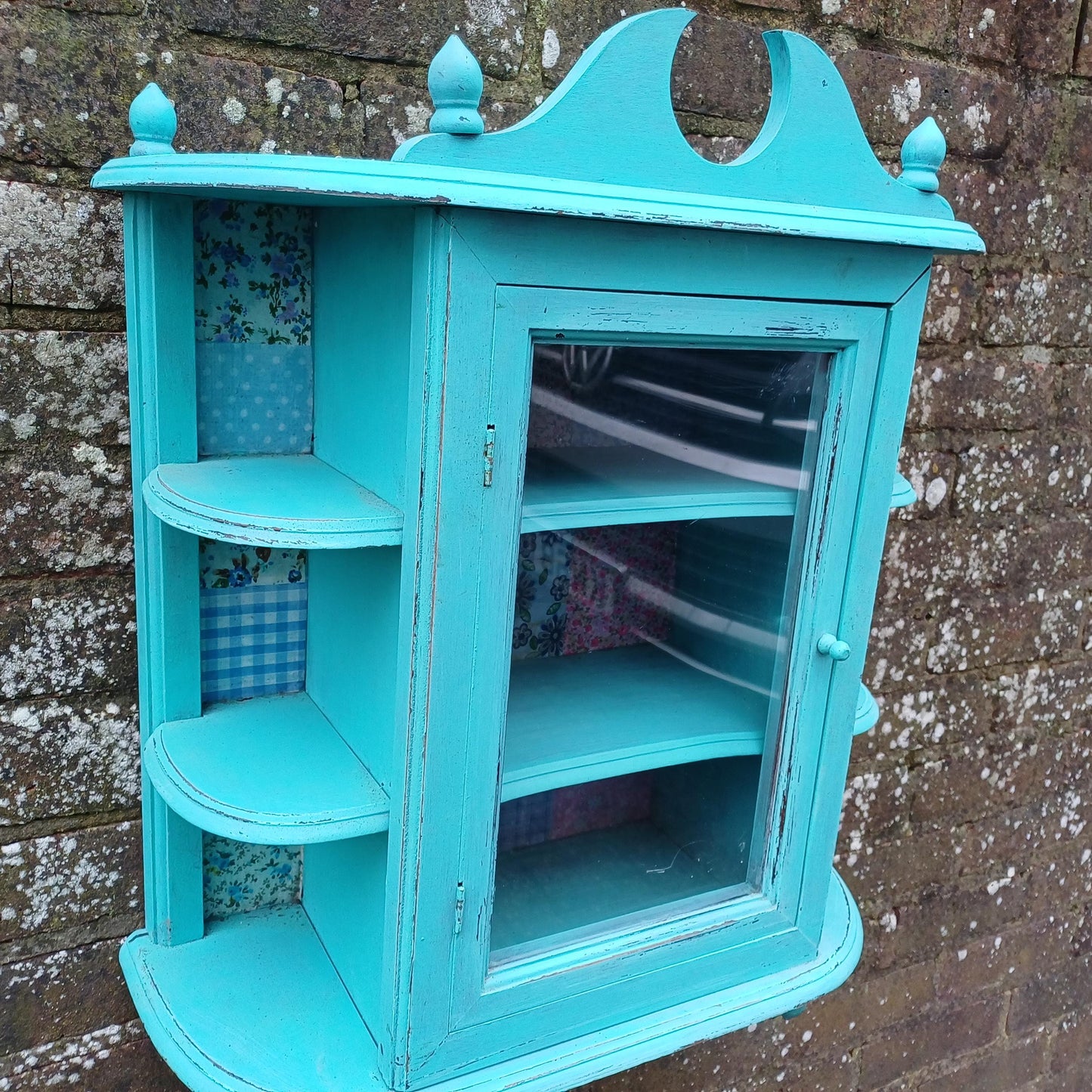 Bespoke Upcycled Glazed Display Cupboard in Turquoise with Decoupage Decoration Shabby Chic Chintz.