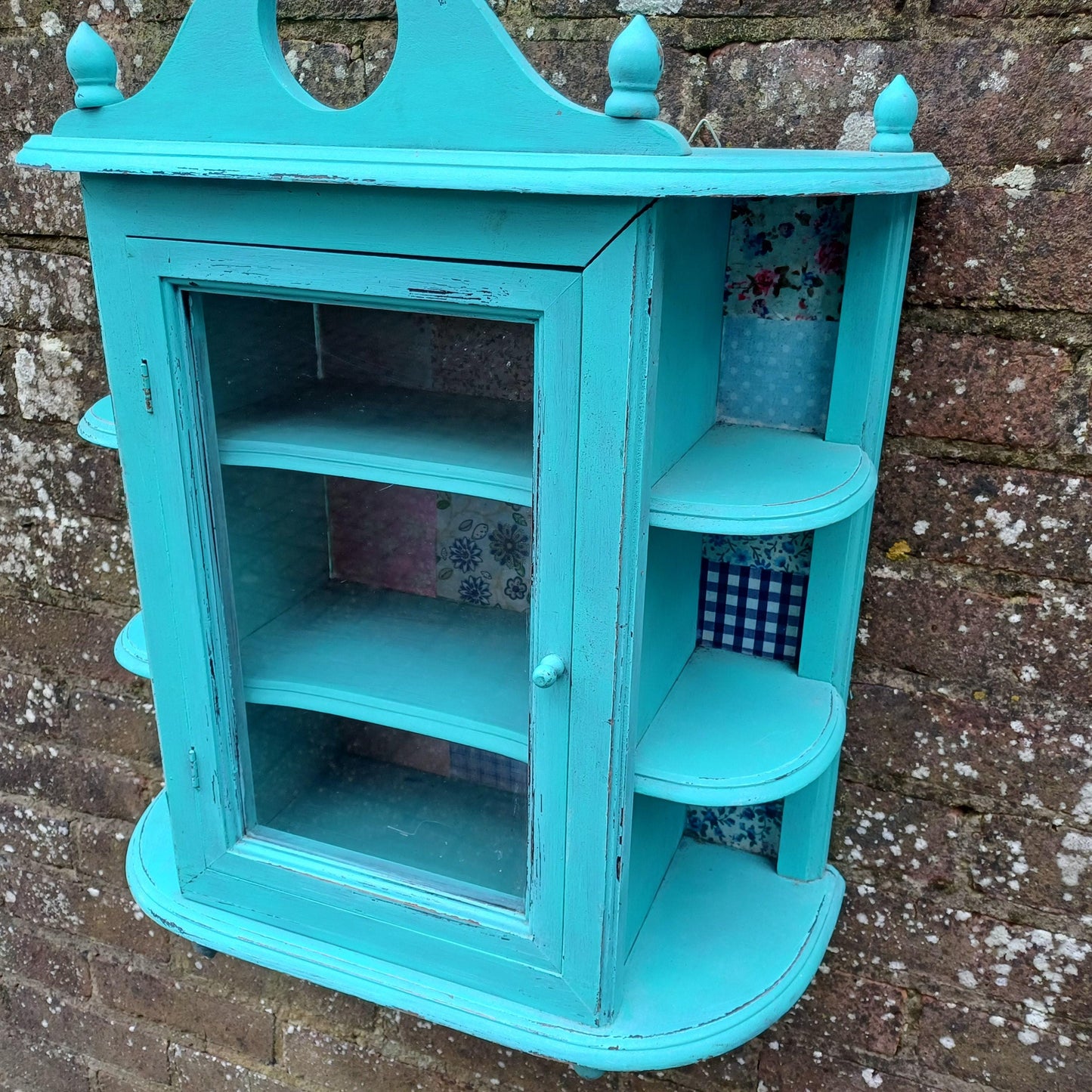 Bespoke Upcycled Glazed Display Cupboard in Turquoise with Decoupage Decoration Shabby Chic Chintz.