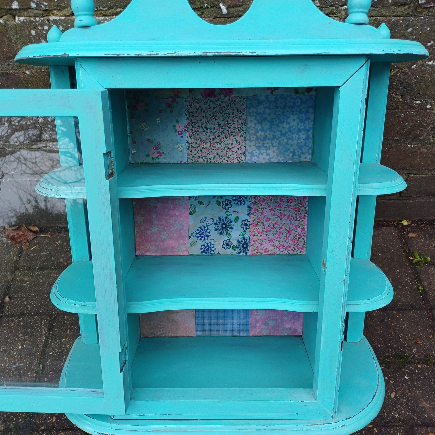 Bespoke Upcycled Glazed Display Cupboard in Turquoise with Decoupage Decoration Shabby Chic Chintz.