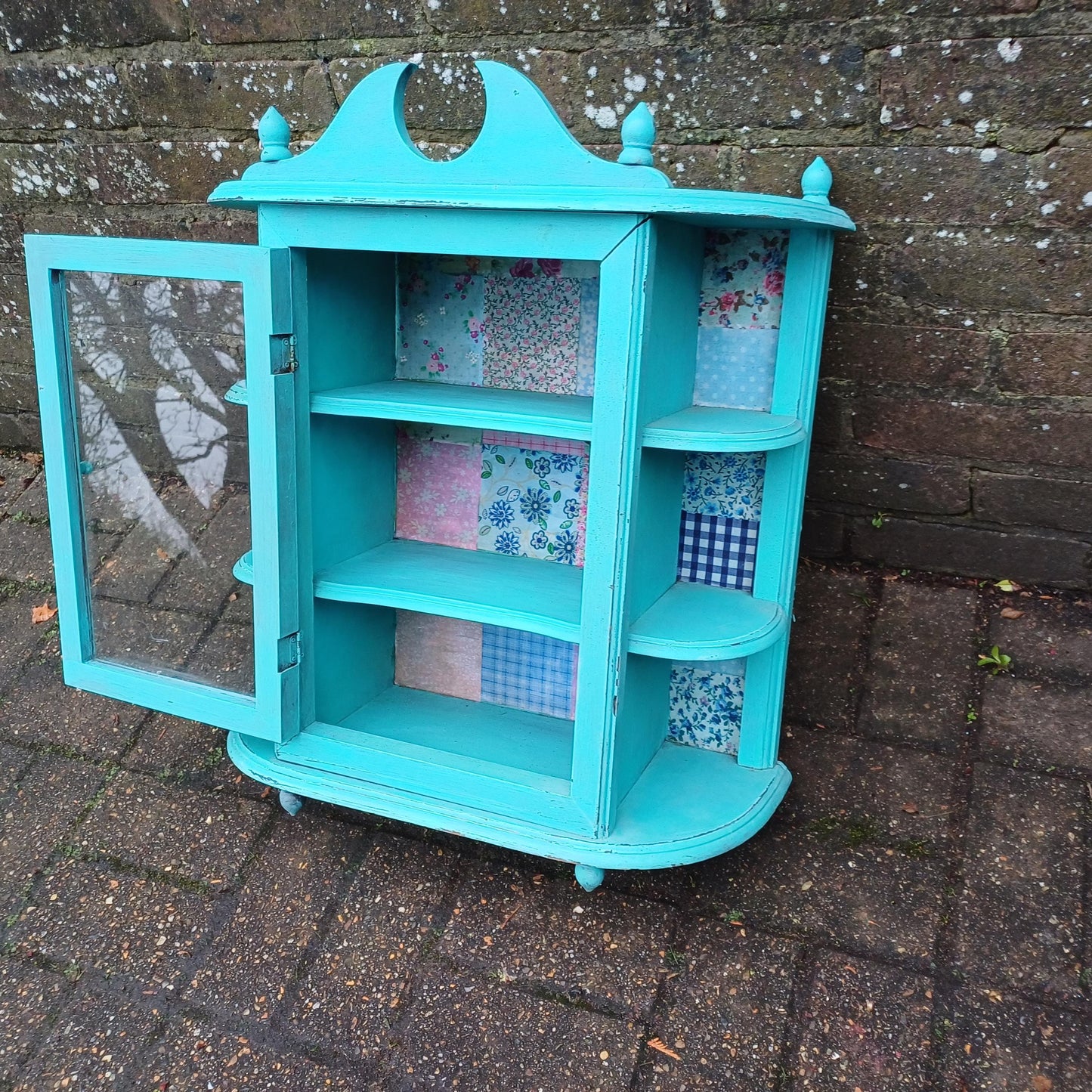Bespoke Upcycled Glazed Display Cupboard in Turquoise with Decoupage Decoration Shabby Chic Chintz.