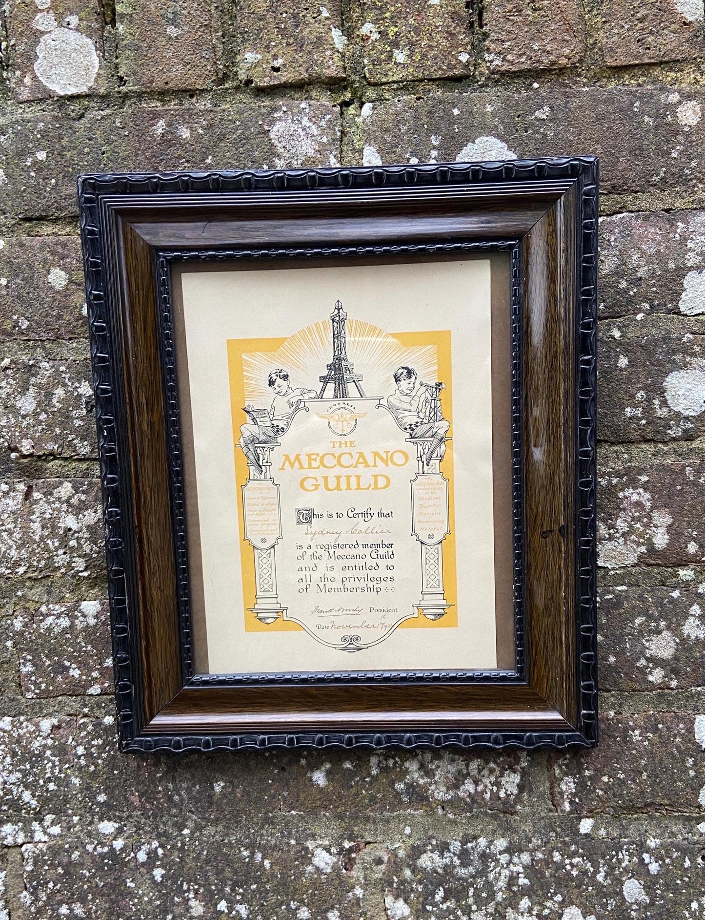 meccano certificate; meccano guild. vintage frame. 1920s frame. meccano member