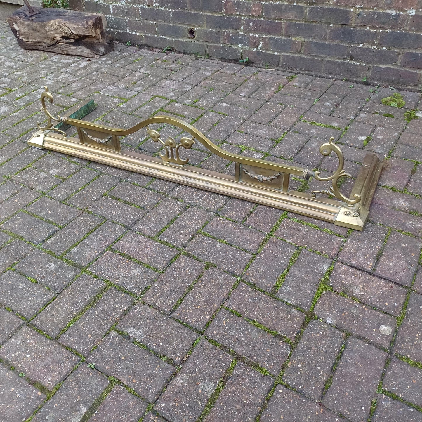 Large Vintage Brass Art Nouveau Fireplace Fender with Aged Gold Patina
