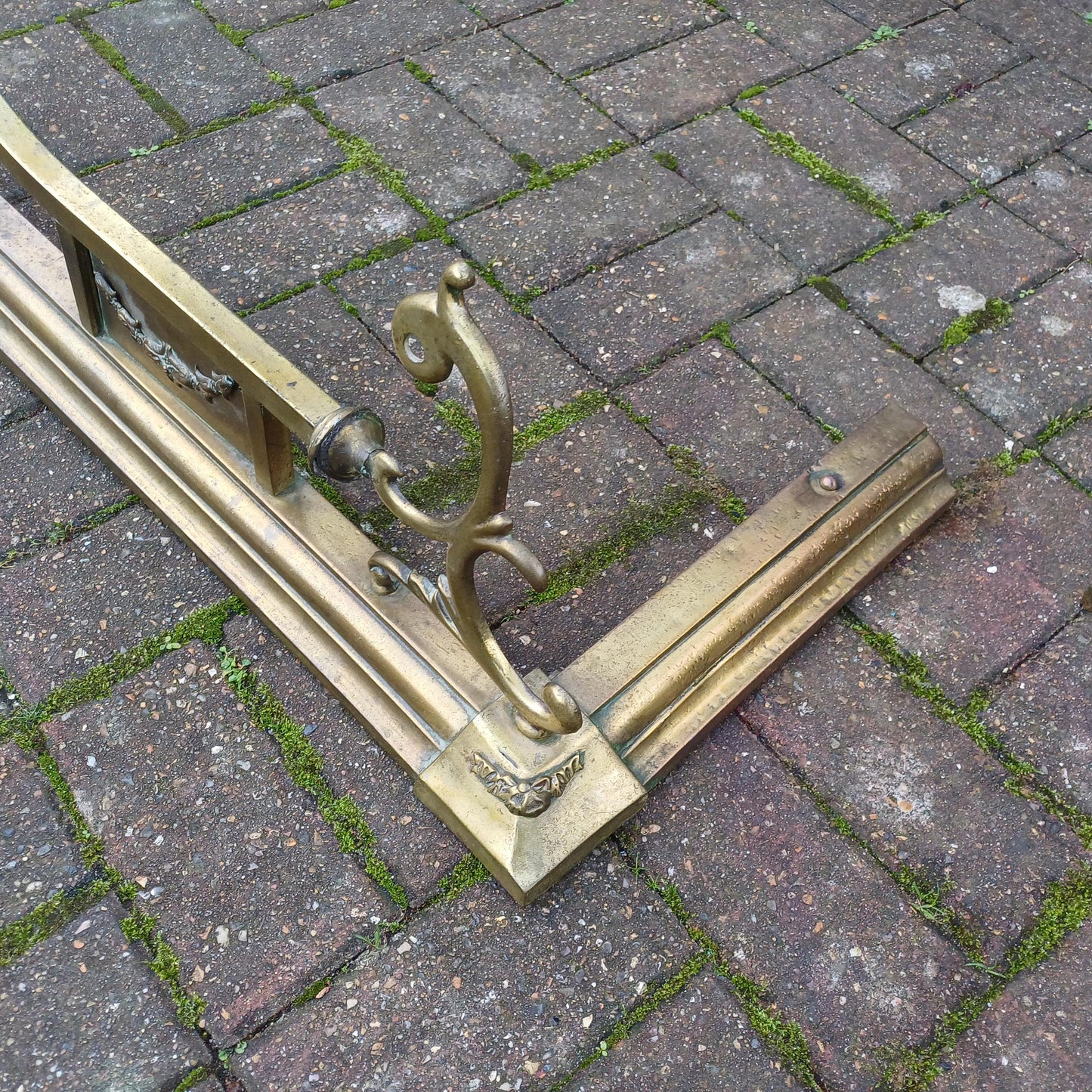 Large Vintage Brass Art Nouveau Fireplace Fender with Aged Gold Patina