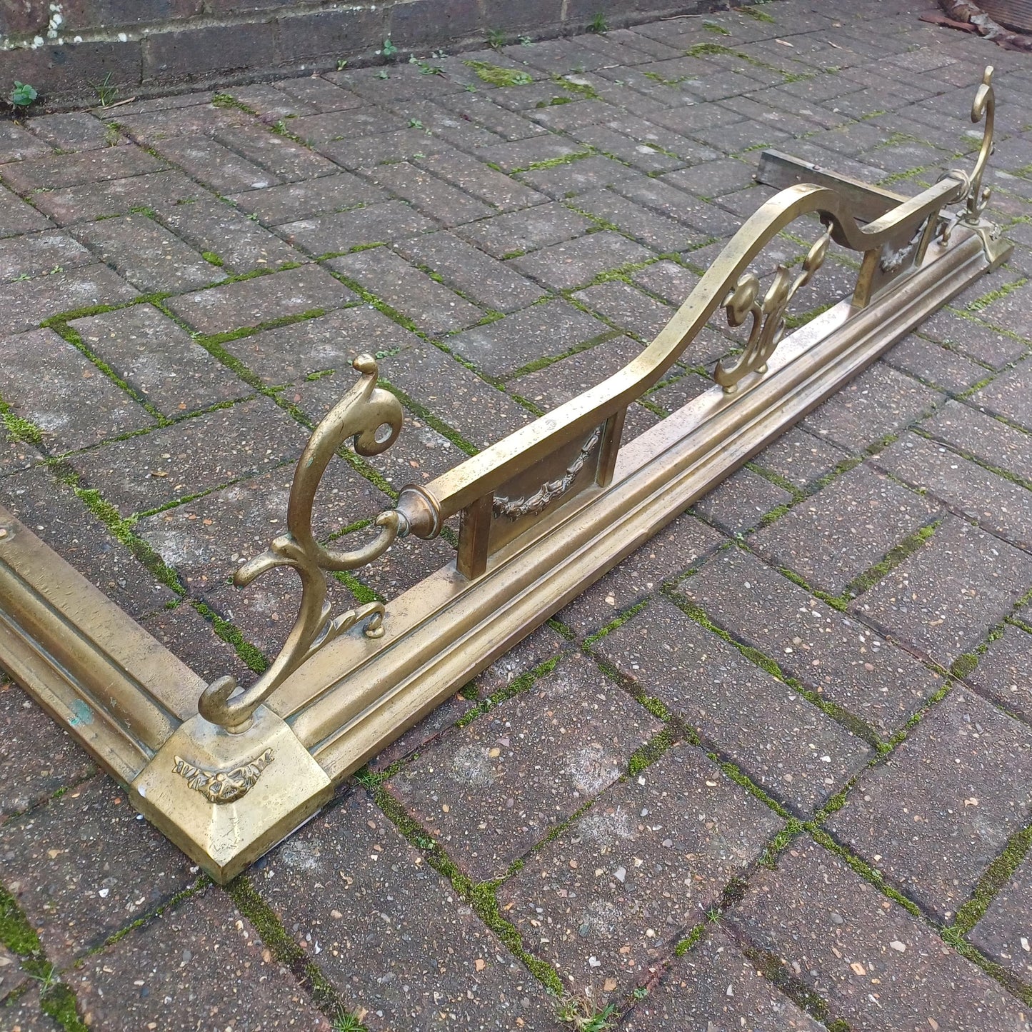 Large Vintage Brass Art Nouveau Fireplace Fender with Aged Gold Patina