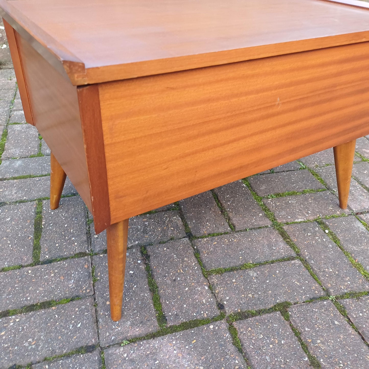 Large Retro Mid-Century Teak Workbox - 1960s Storage with Fitted Interior, Sliding Compartment Iconic Legs - Stylish & Versatile