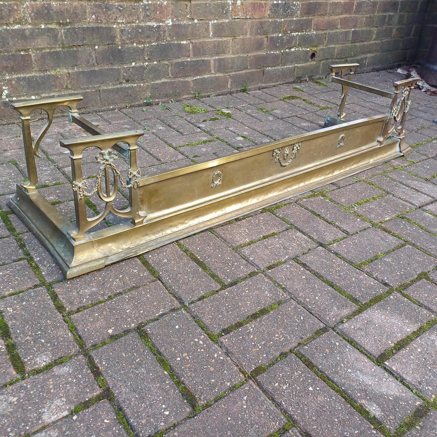 Large Vintage Brass Victorian Fireplace Fender with Aged Patina - Decorative Antique Hearth Piece
