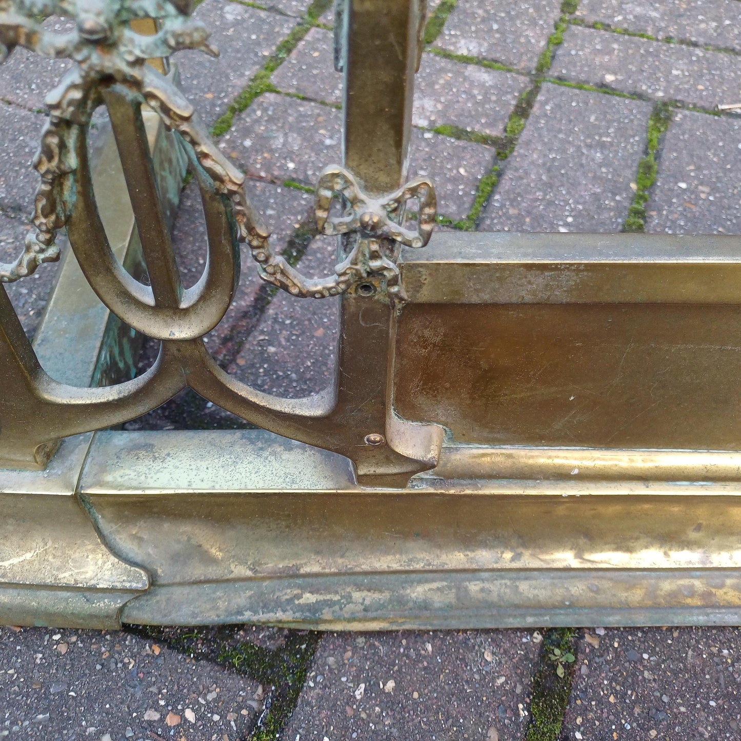 Large Vintage Brass Victorian Fireplace Fender with Aged Patina - Decorative Antique Hearth Piece