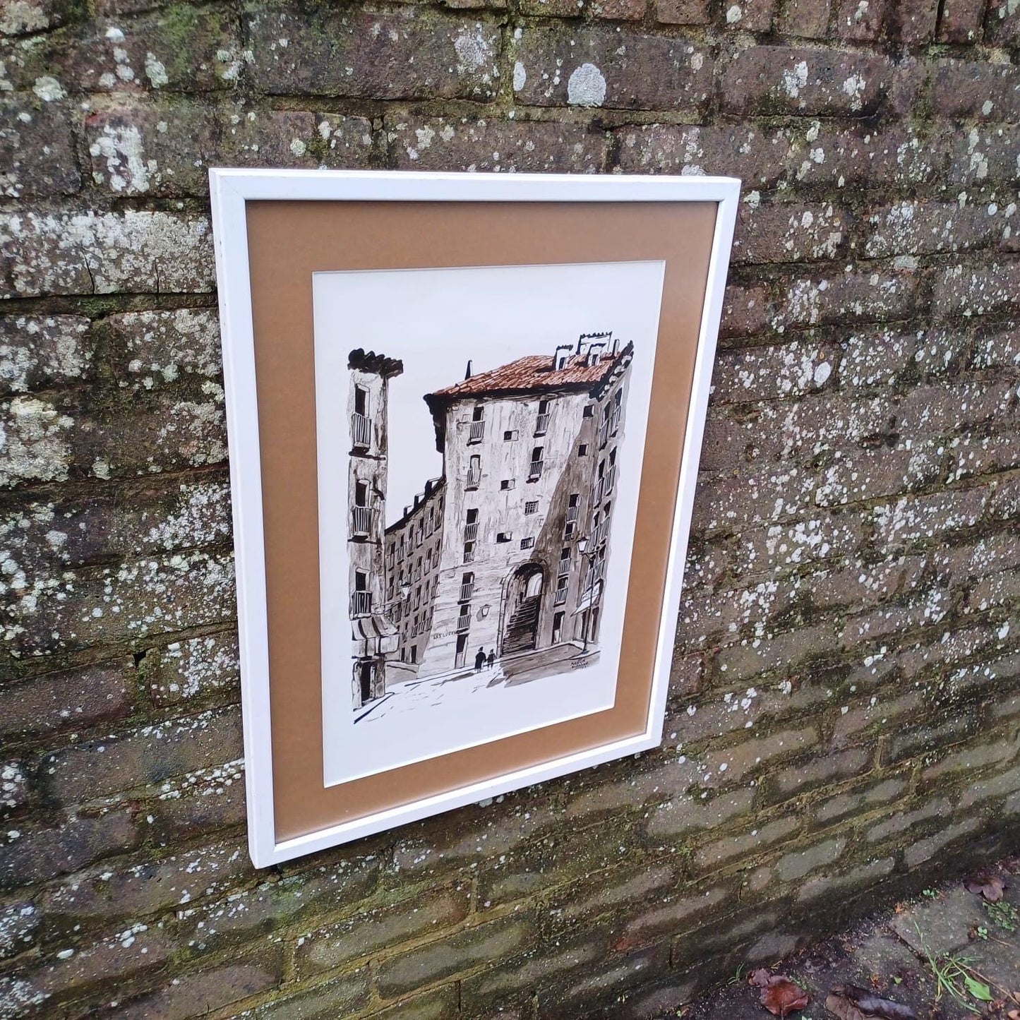 Spanish vintage water colour by Martin Hidalgo 1975 - architectural and townscape, large retro painting in quality vintage frame and mount