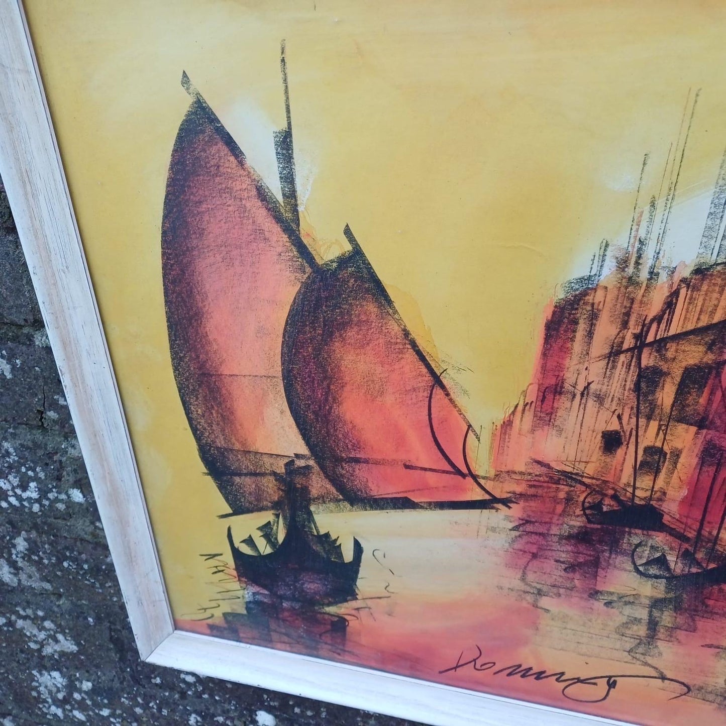 Large Retro Sunset print (or original) oranges, signed, Venice? 1950s or 1960s? framed in lovely wooden vintage frame. ready to hang