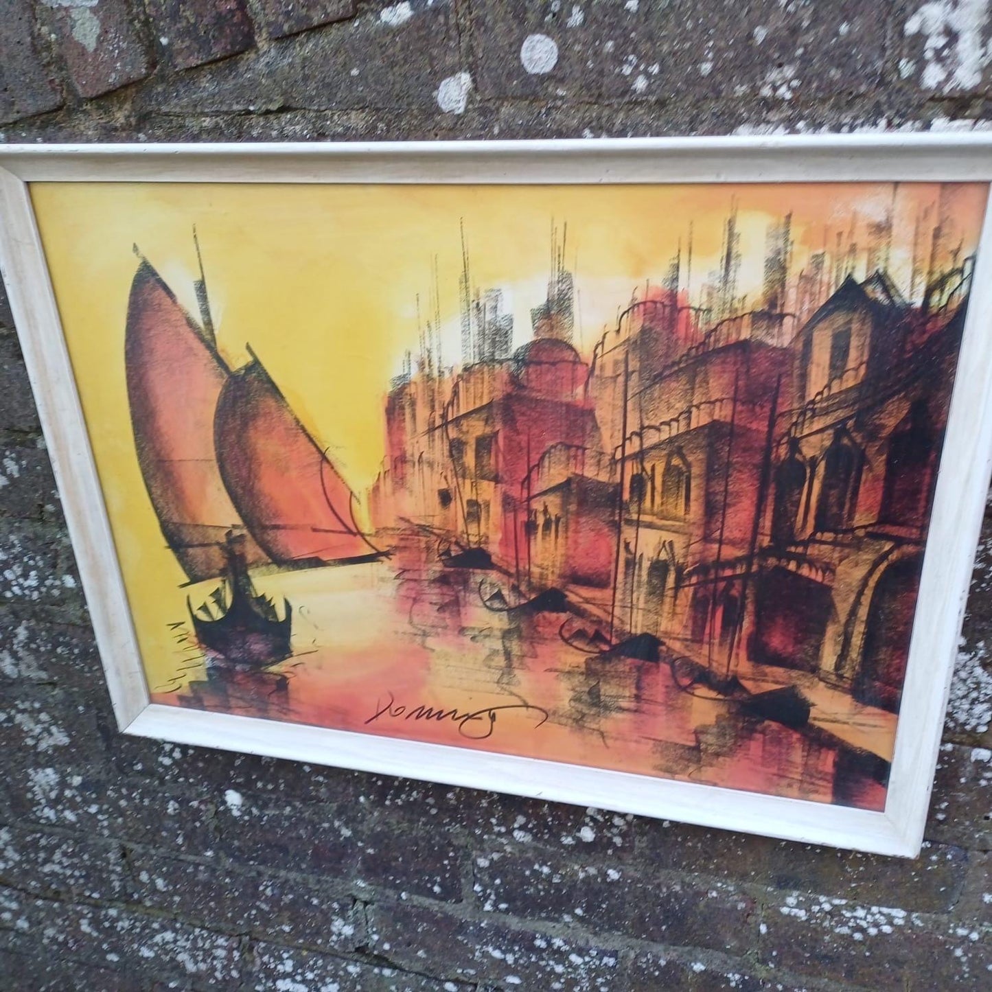 Large Retro Sunset print (or original) oranges, signed, Venice? 1950s or 1960s? framed in lovely wooden vintage frame. ready to hang