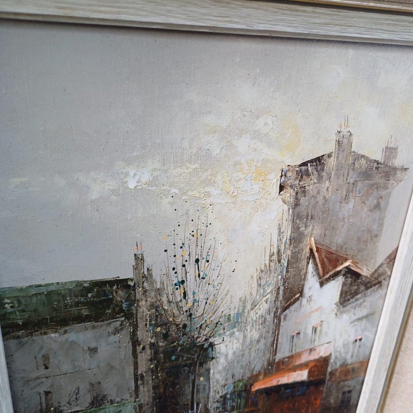 Delightful original townscape oil - likely European town - signed original artwork - 1980s and framed professionally