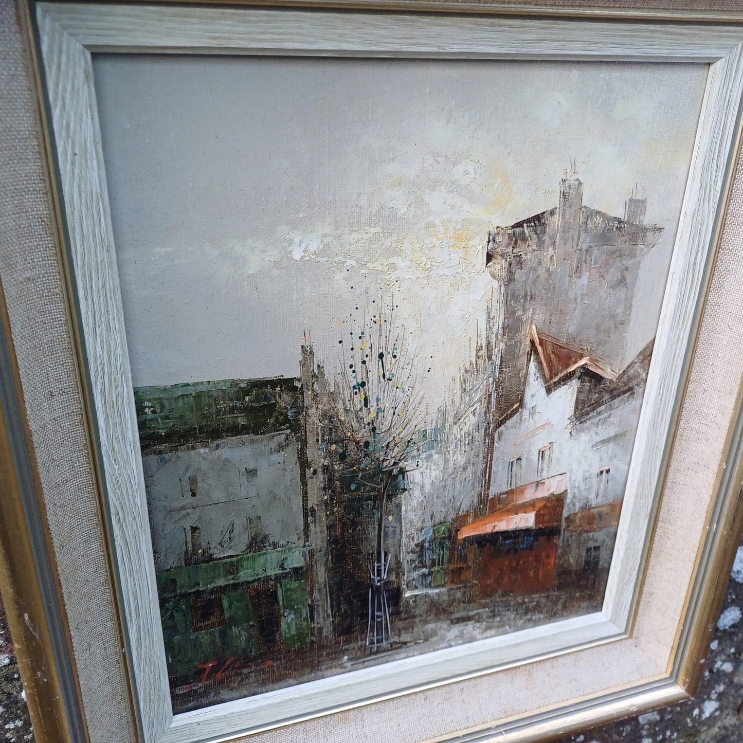 Delightful original townscape oil - likely European town - signed original artwork - 1980s and framed professionally