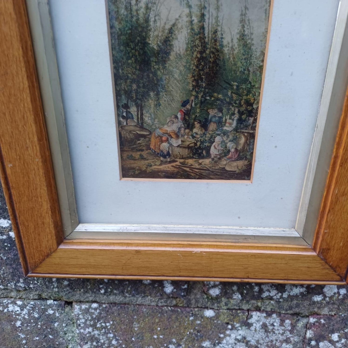 Gorgeous Frame and 1856 Baxter Print The Hop Garden in gorgeous wooden (oak) vintage glazed frame, ready to hand VGC