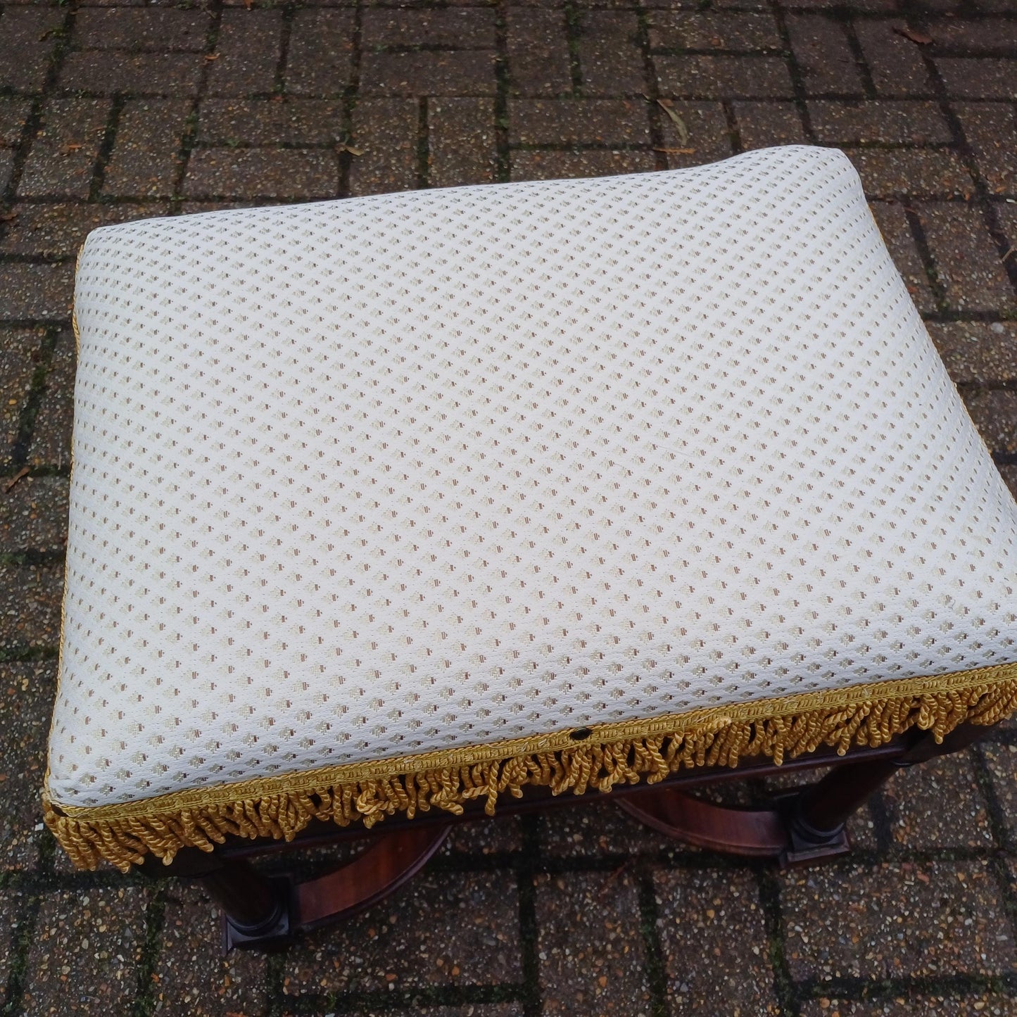 Charming Ornate Vintage Newly Upholstered Decorative Stool. X Stretchers.
