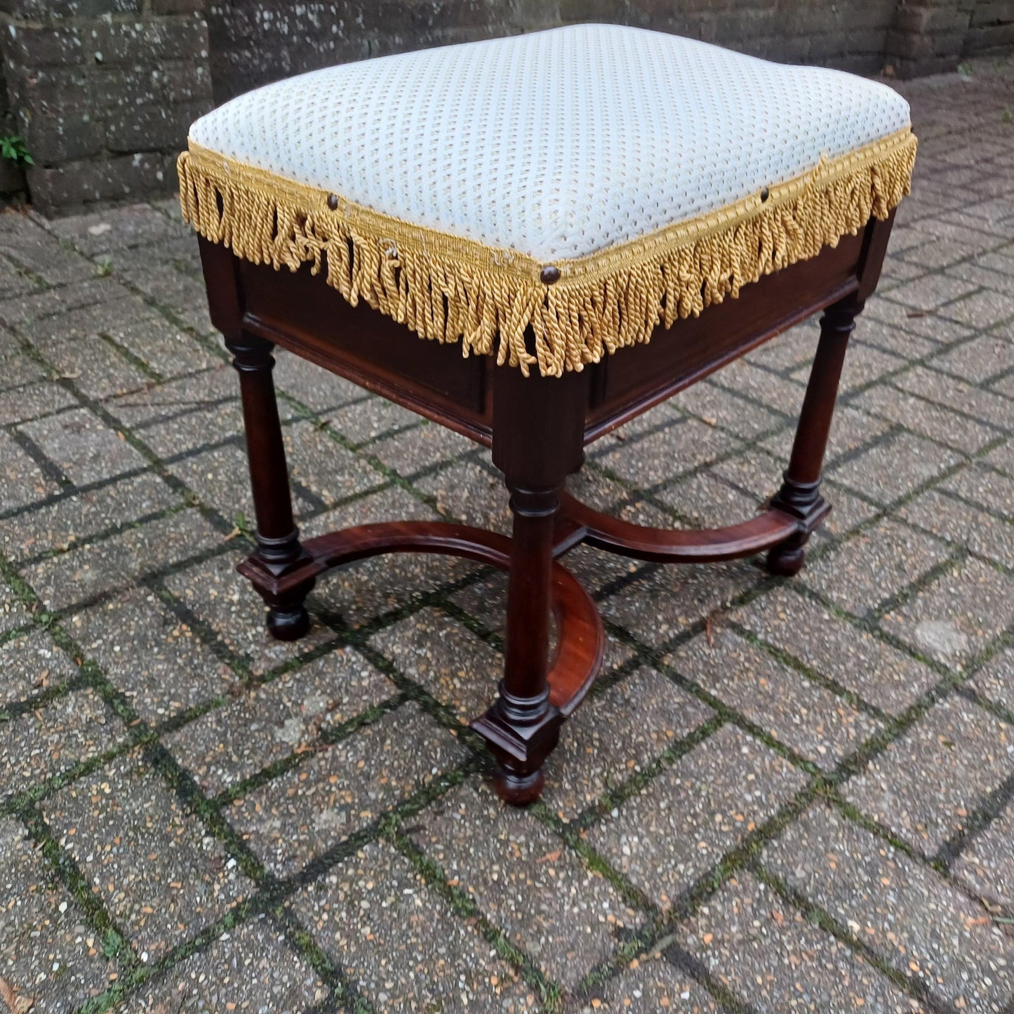 Charming Ornate Vintage Newly Upholstered Decorative Stool. X Stretchers.