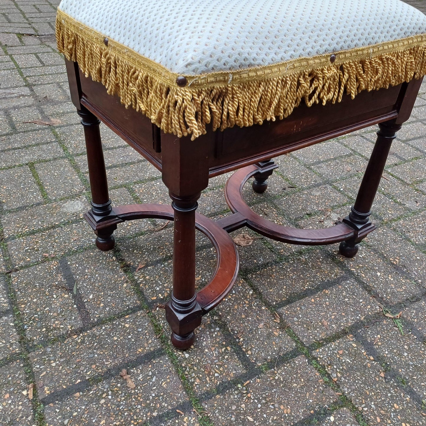 Charming Ornate Vintage Newly Upholstered Decorative Stool. X Stretchers.