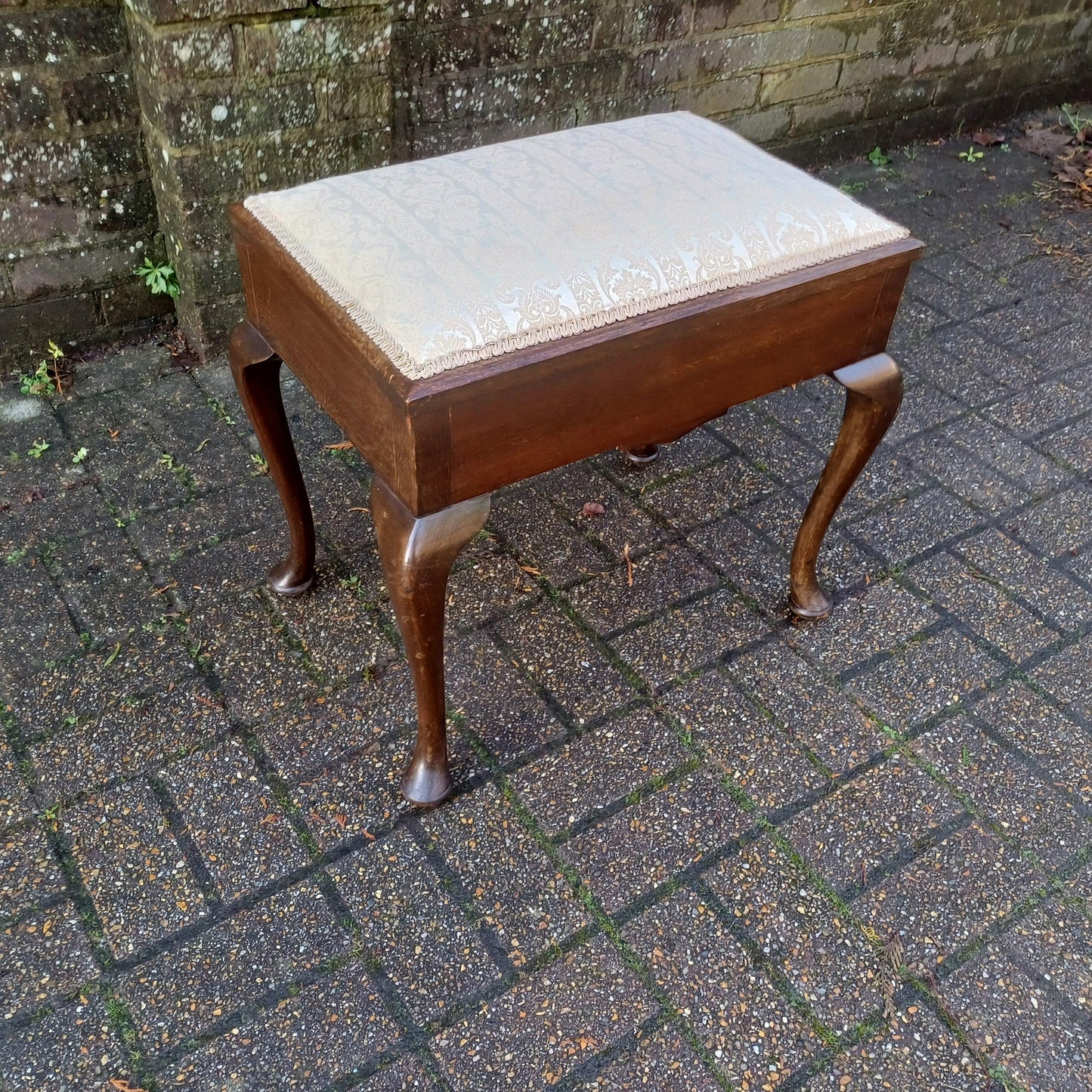 Newly Upholstered Vintage Edwardian Piano Stool with Music Compartment Cabriole Legs
